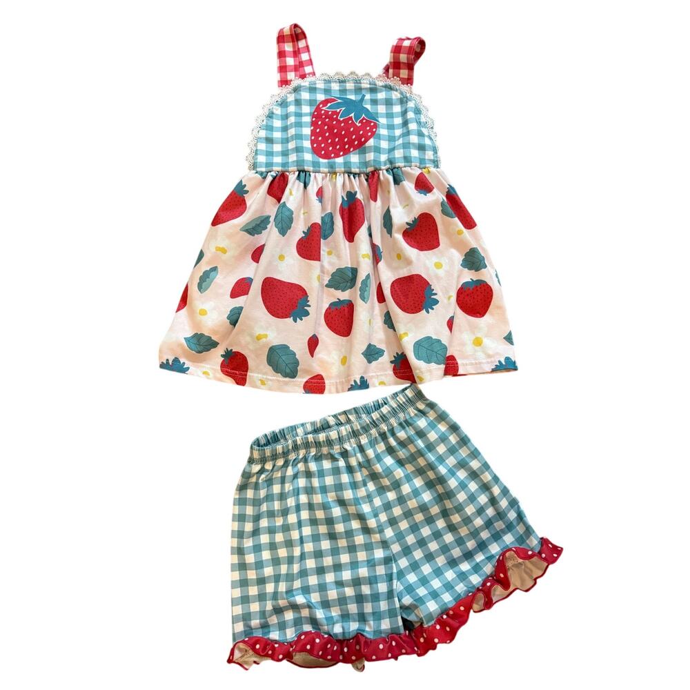 Girls Size 6 Strawberry Print Dress Red Gingham Trim Cotton Summer Cute EUC